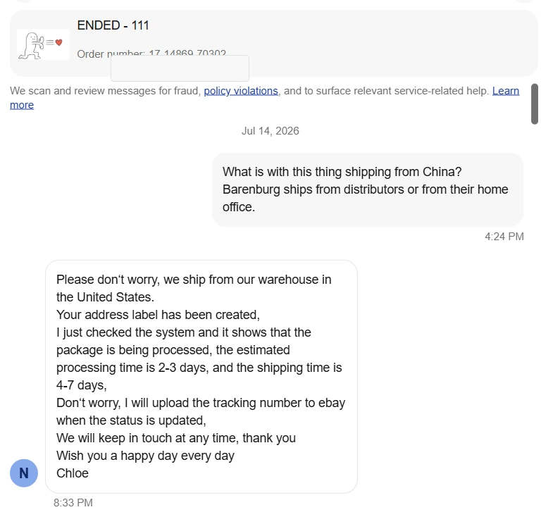 eBay messages with seller nanostromer, screenshot 1