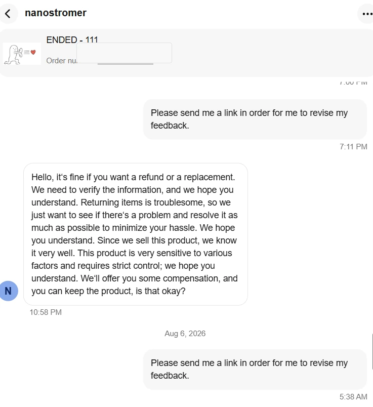 eBay messages with seller nanostromer, screenshot 8