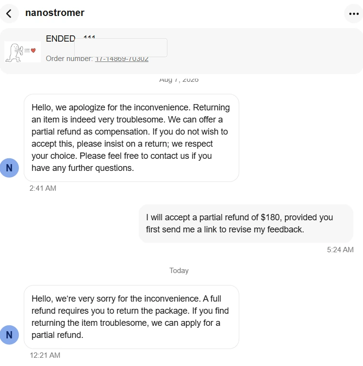 eBay messages with seller nanostromer, screenshot 10