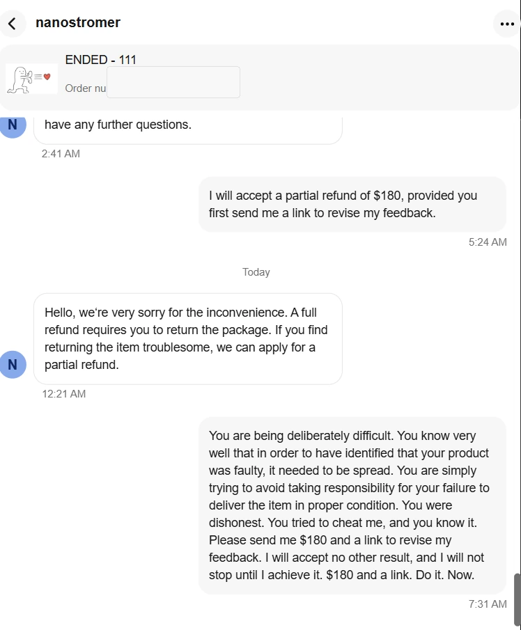 eBay messages with seller nanostromer, screenshot 11